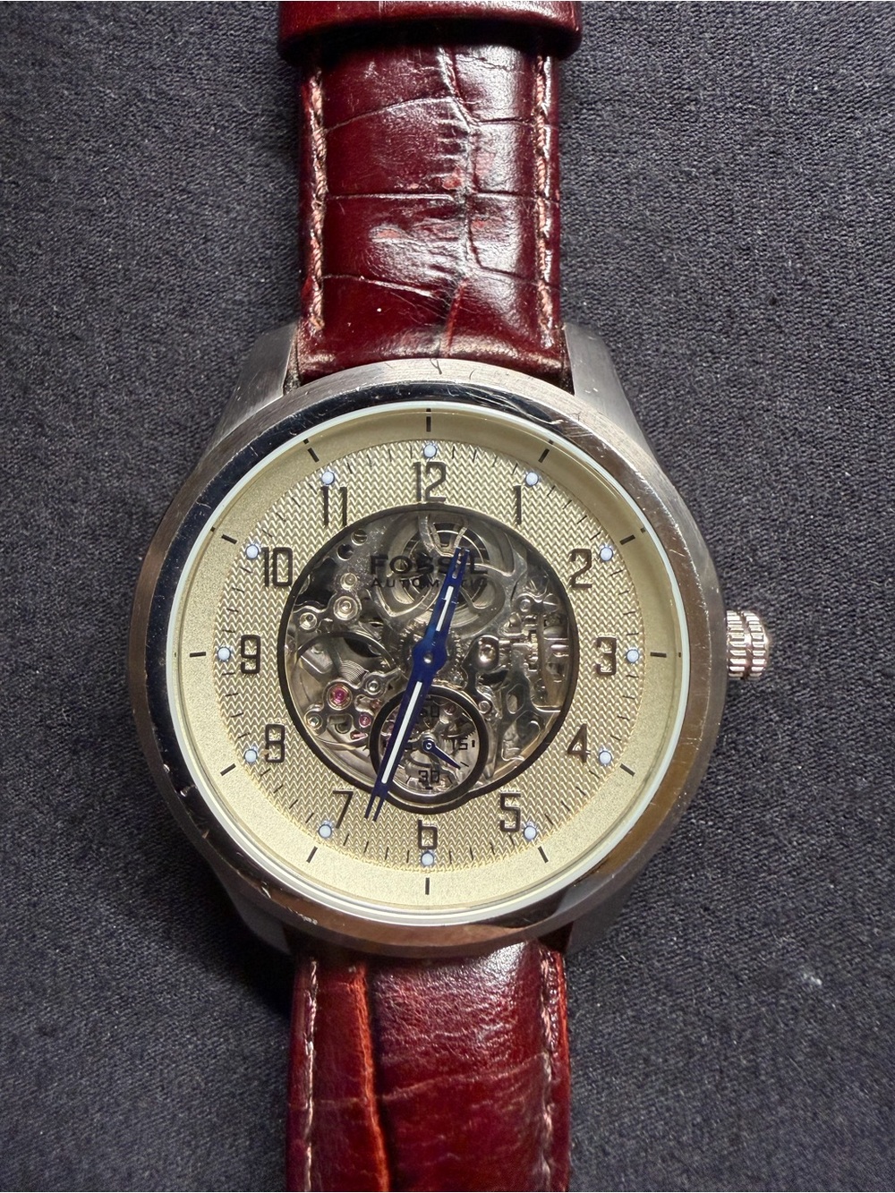 Men’s Fossil ME-1031 Automatic Watch With Skeleton Khaki Dial And Blue Hands